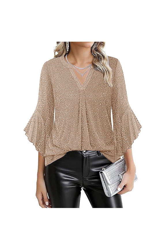 3/4 Bell Sleeve Womens Sequin Tops Formal Business V-Neck Shirts Ruffle Glitter Tunic Blouse for Cocktail Party