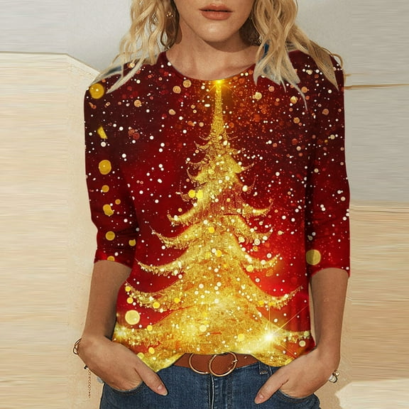 BSDJILFG 3/4 Christmas Shirts for Women Merry Christmas Trees Print Tops Round Neck Loose Fit T-Shirts Loungewear Festival Pajama Tops Winter