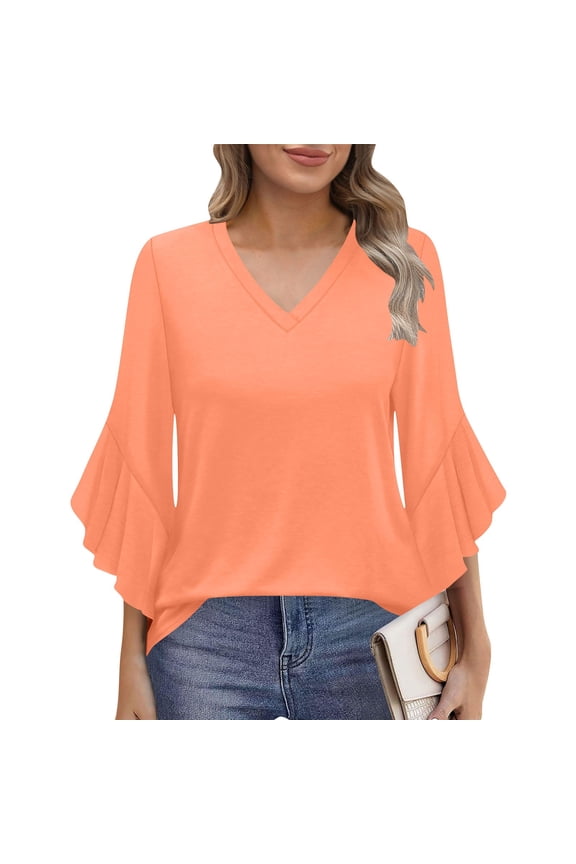 3/4 Length Sleeve Womens Tops New Trendy 2025 Flutter Sleeve V-Neck Loose Fit Casual Tunic Blouse