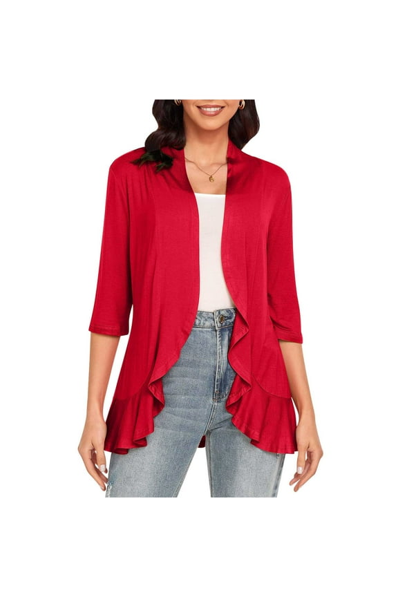 3/4 Sleeve Cardigans for Women Stretch Fit Classy Soft Ruffle Pleated Edge Open Front Jackets for Office Work Blouse