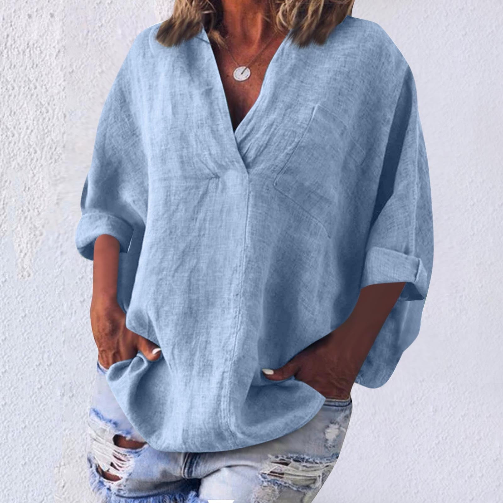 BSDJILFG 3/4 Sleeve Linen Shirts for Women Button Up Henley Shirt Loose ...