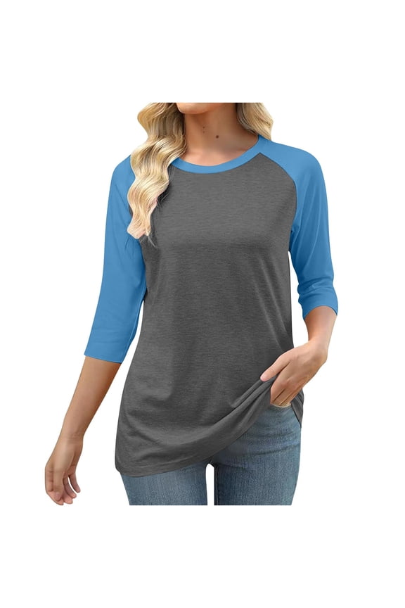 3/4 Sleeve Pajama Tops for Women Casual Crewneck Raglan Tees Color Blocked Tunic Sleepwear T-Shirts