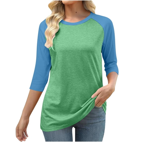 BSDJILFG 3/4 Sleeve Pajama Tops for Women Casual Crewneck Raglan Tees Color Blocked Tunic Sleepwear T-Shirts