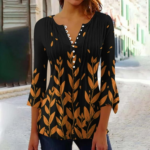 BSDJILFG 3/4 Sleeve Peplum Tops for Women Dressy Ruffle Bell Sleeve Button Up Pleated Tunics Floral Print Henley V-Neck Office Blouse