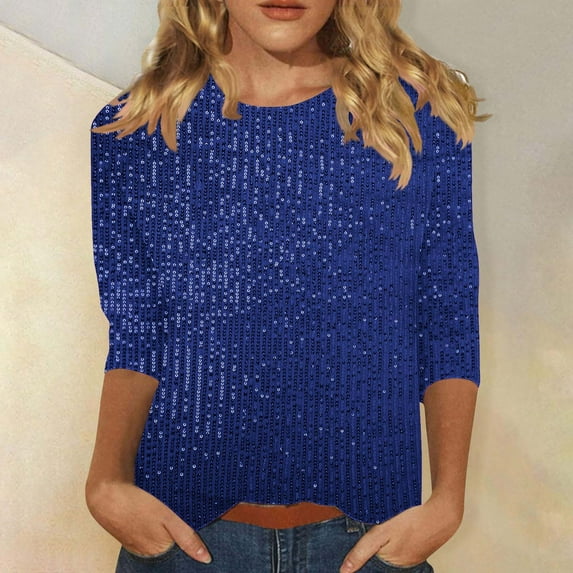 BSDJILFG 3/4 Sleeve Sequin Tops for Women Summer Glitter Sparkly Crewneck Tees Solid Color Breathable Shirts for Party