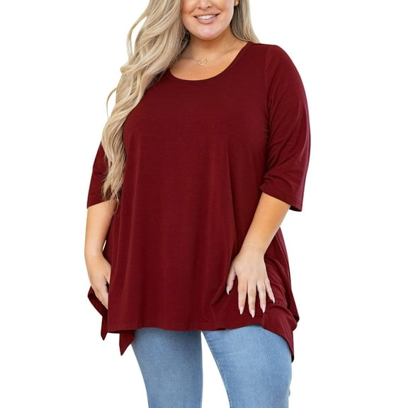 BSDJILFG 3/4 Sleeve Shirt for Women Plus Size Asymmetrical Hem Tunics,5XL Blouse Ruffle Swing Top Crewneck Maternity Loose Clothing for Leggings