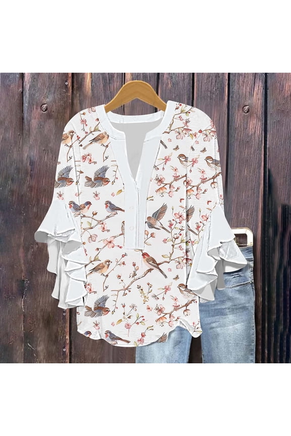 3/4 Sleeve Summer Blouses for Women Dressy Casual Floral Tops Flutter Sleeve Loose Flowy Button Up Work Office Shirts
