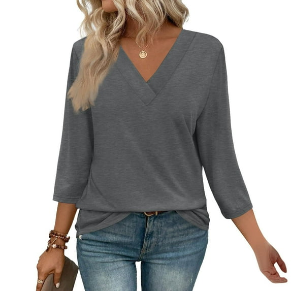 BSDJILFG 3/4 Sleeve Sweatshirts for Teens Dressy Casual Tunics Solid Color Cross V-Neck Basic Office Work Varsity Blouse