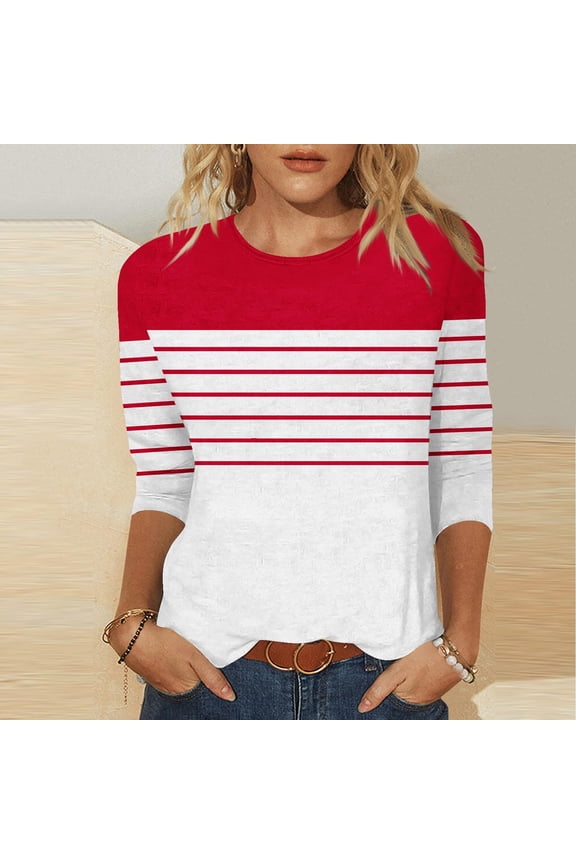 3/4 Sleeve T-Shirts for Women Casual Striped Shirt Loose Crew Neck Pullover Blouse,S-5XL