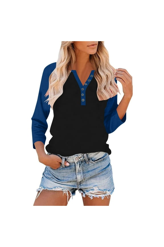 3/4 Sleeve Tops for Women Button V-Neck Casual Henley Top Breathable Color Blocked Tunic Blouse Loungewear Activewear