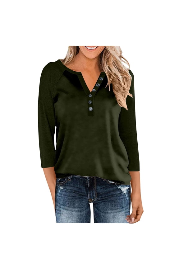 3/4 Sleeve Tops for Women Casual V-Neck Button Up Henley Shirt Raglan Tunic Blouse