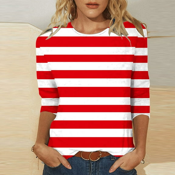 BSDJILFG 3/4 Sleeve Tops for Women Red Striped Shirt Loose Fit Tunics Crew Neck Pullover Blouse ,Sizes S-3XL