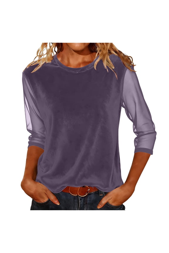 3/4 Sleeve Velvet Tops for Women 2026 Tulle Sleeves Dressy Blouses for Wedding Cocktail Party