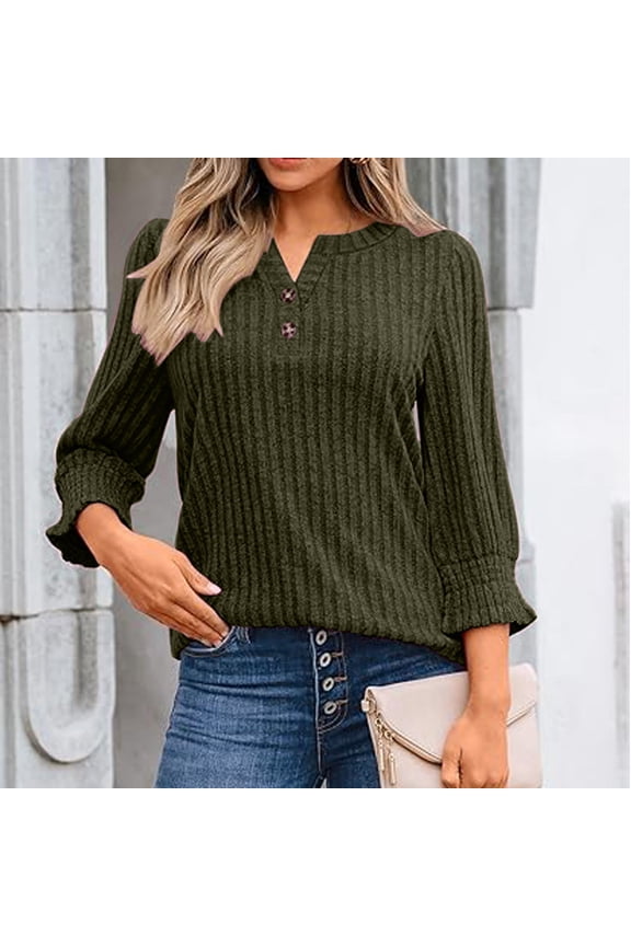 3/4 Sleeve Womens Blouses Dressy Smocked Cuff Sleeve Top V-Neck Ribbed Knit Soft Breathable Tunic Shirts