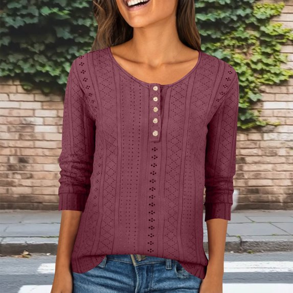 BSDJILFG 3/4 Sleeve Womens Summer Tops Dressy Eyelet Tops Buttons Up Soft Breathable Slim Fit Crew Neck Tunic Blouse 2026
