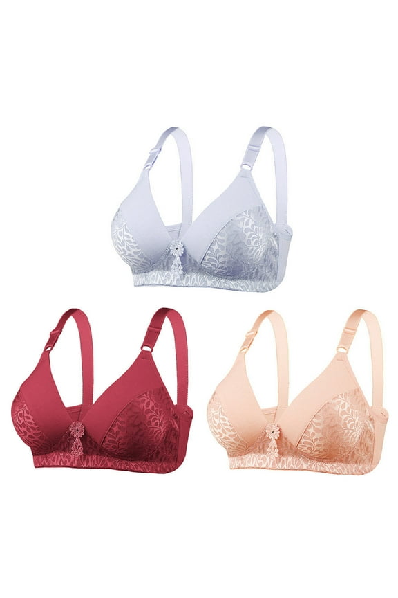 3 Pack Lace Bras for Women Wire-Free Casual Solid Color Seamless 3/4 Cups Breathable Gathered Together Minimizer Bras