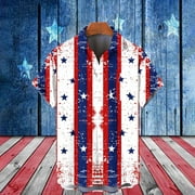 BSDJILFG 4th of July Hawaii Shirts for Men Casual Red White Blue Print Lapel Button Down Beach Vacation Shirts Short Sleeve Independence Day Patriotic Blouse