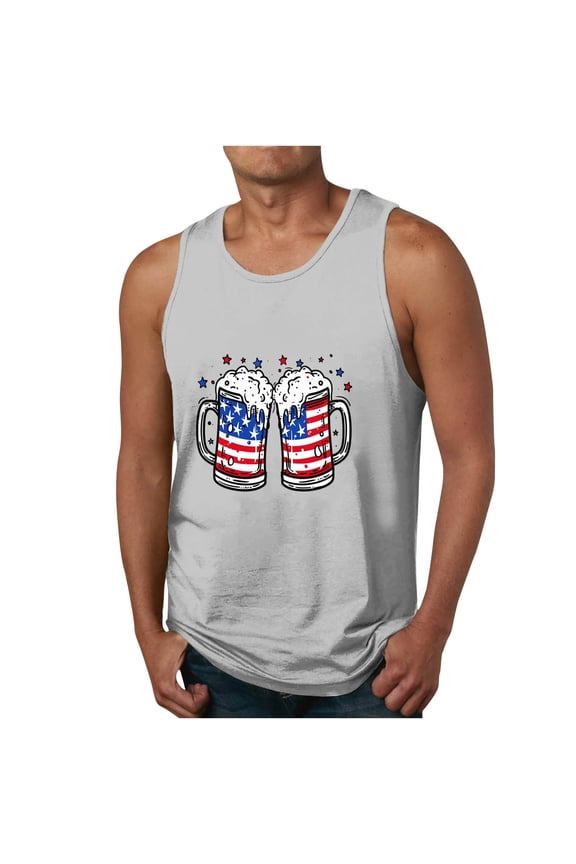 4th of July Mens Tank Tops ,Summer Casual Beer and Flag Print Sleeveless Tank Round Neck Tops Sizes M-6XL