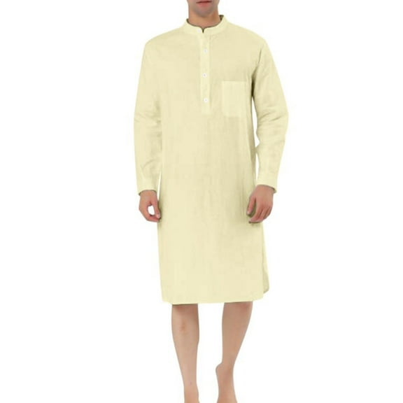 BSDJILFG 50% Muslim Long Robe for Men,Mens Arab Robe Round Neck Button Long Sleeve Solid Saudi Arab Thobe Abayas Islamic Muslim Dubai Robe with Pockets
