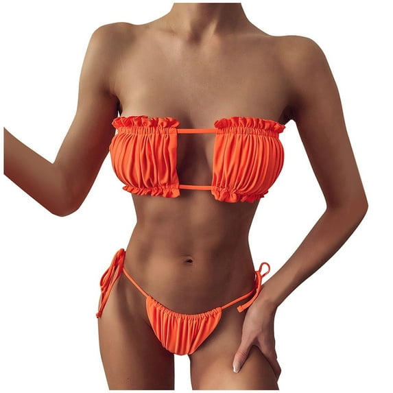 BSDJILFG 50% Bikini Set for Women Solid V Neck Knot Front Push Up High Leg Thong Two Piece Swimsuit