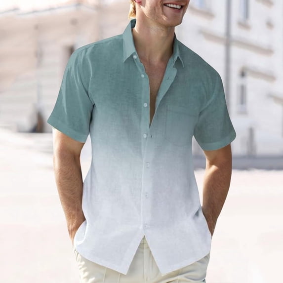 BSDJILFG 50% Clearance Off,Lapel Shirts for Men Casual Gradient Color Lapel Tops with Pockets Short Sleeve Lapel Button Down Blouse M-4XL