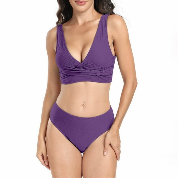 BSDJILFG Women Swimsuit Two Piece Bikini Sets High Waisted Short Sleeve High Neck Zipper Front Bathing Suit