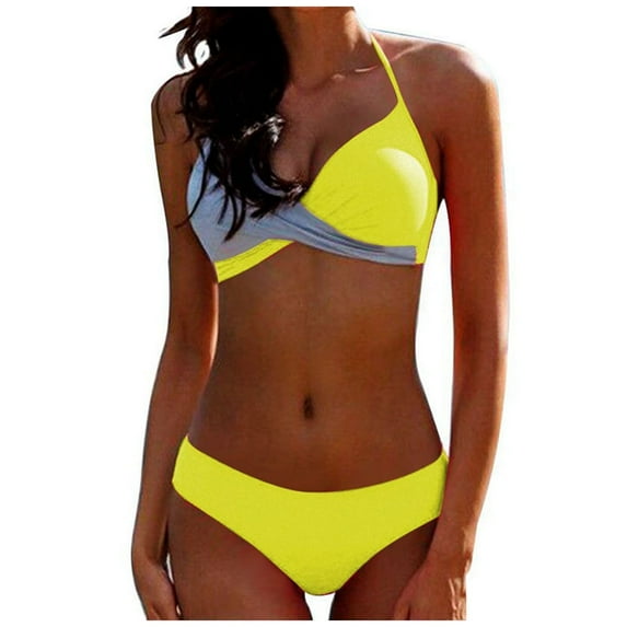 BSDJILFG Women's Bikini Sets Two Piece Swimsuit High Round Neck High Waisted Back Cutout T-Sharp Top Summer Saving