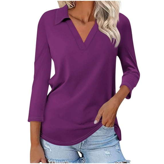 BSDJILFG 50% Womens Tops 3/4 Sleeve Shirts Solid Color Casual T-shirt V-neck Lapel Fall Winter Blouse Major