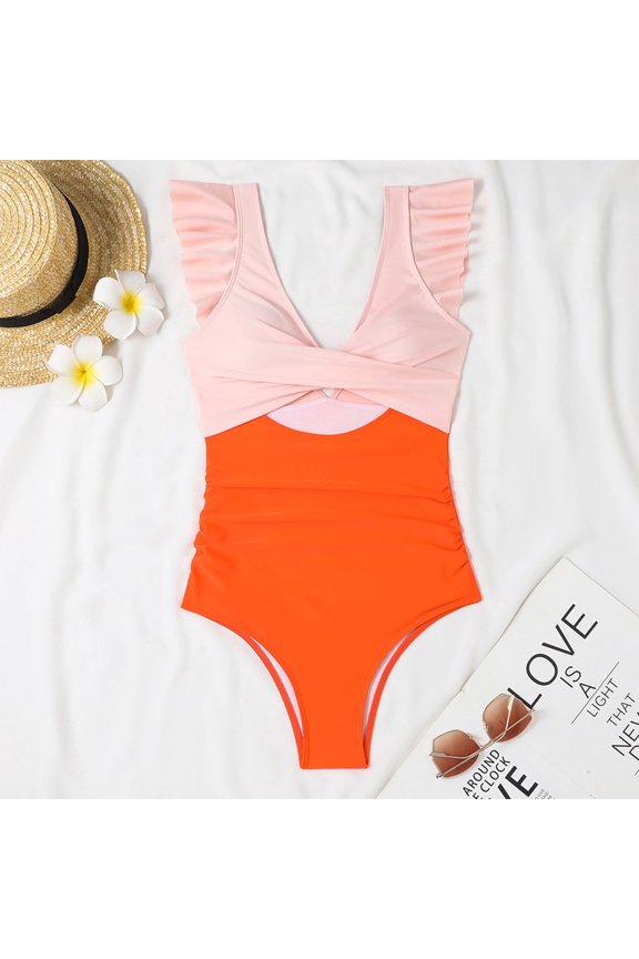 50% One-piece Bikini Sets for Women Cutout Padded Short Ruffle Sleeve Deep V-neck Tummy High Waisted Thong Beachwear Swimwear Summer