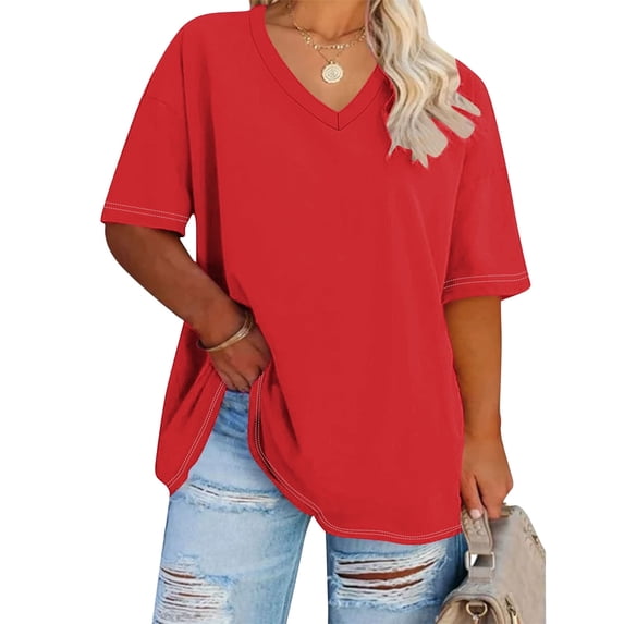 BSDJILFG 50% Clearance Off Plus Size Basic Tees for Women Leisure Elbow Sleeve V Neck T Shirts Solid Color Flowy Loose Sleep Pajama Lounge Tops Clearance XL-5XL
