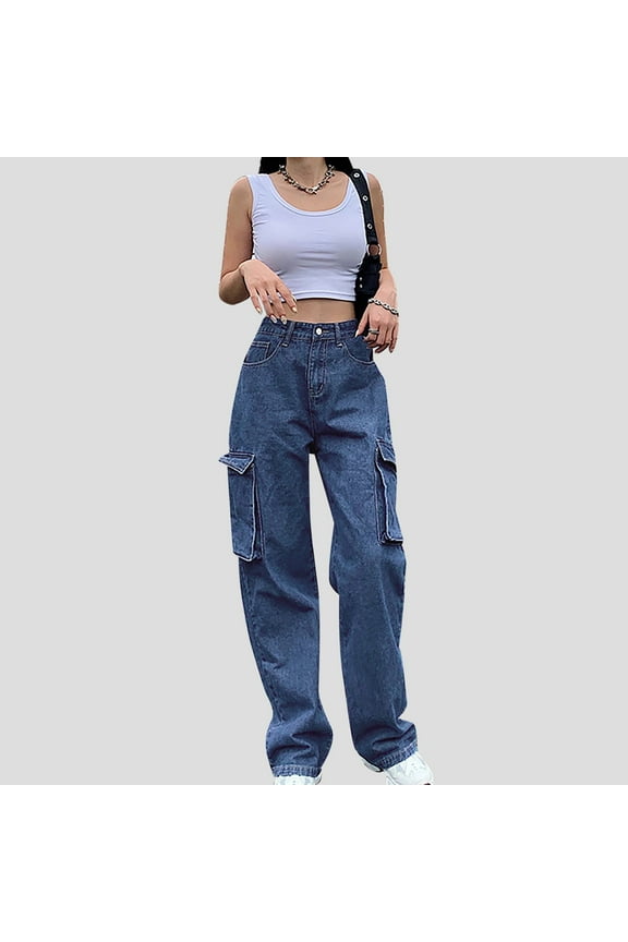 50% Womens Jeans High Waist Trendy Denim Trousers Baggy Oversized Pockets Loose Straight Layered Joggers Campus Style School Collage Looks