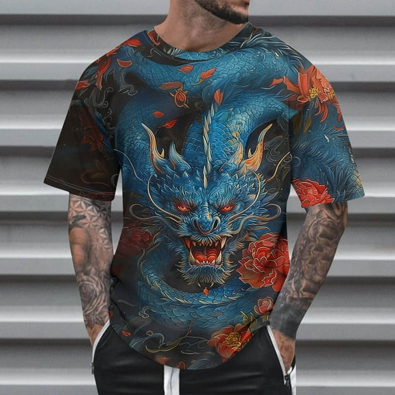 BSDJILFG 6XL Shirts for Men Big and Tall Dragon Shirt New Trending Summer Soft Short Sleeve Graphic T-Shirt Round Neck Loose Fit Brithday Gifts Clothes ,S-6XL