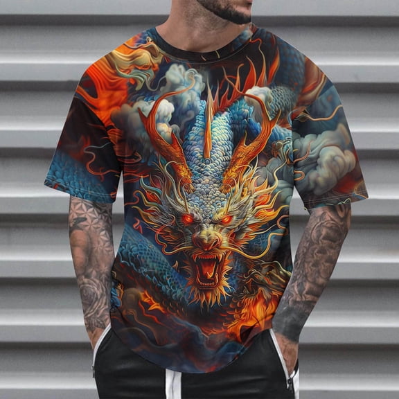 BSDJILFG 6XL Shirts for Men Big and Tall Dragon Shirt New Trending Summer Soft Short Sleeve Graphic T-Shirt Round Neck Loose Fit Brithday Gifts Clothes ,S-6XL