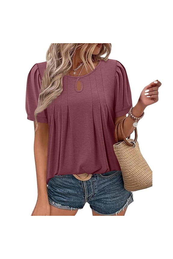 Babydoll Tops for Petite Women Summer Trendy 2025 Cute Tees Pleated Shirt Short Sleeve Keyhole Neck Pullover Blouse