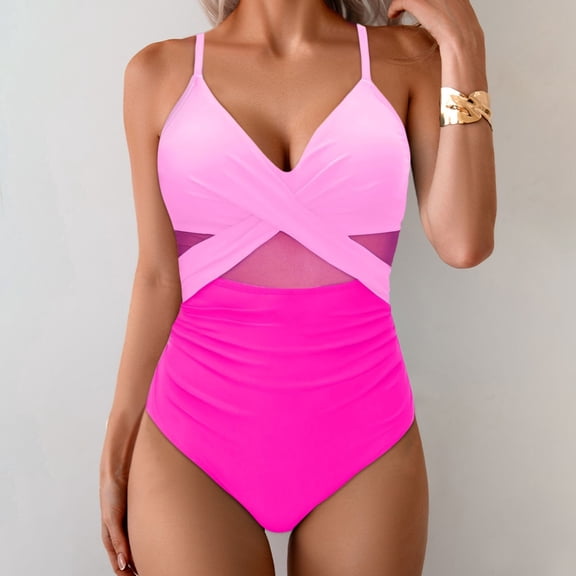 BSDJILFG Bathing Suit for Women One Piece High Waisted Cut Out Swimsuit Cross Ruched Sleeveless Color Blocked Bodysuit ,Hot Pink