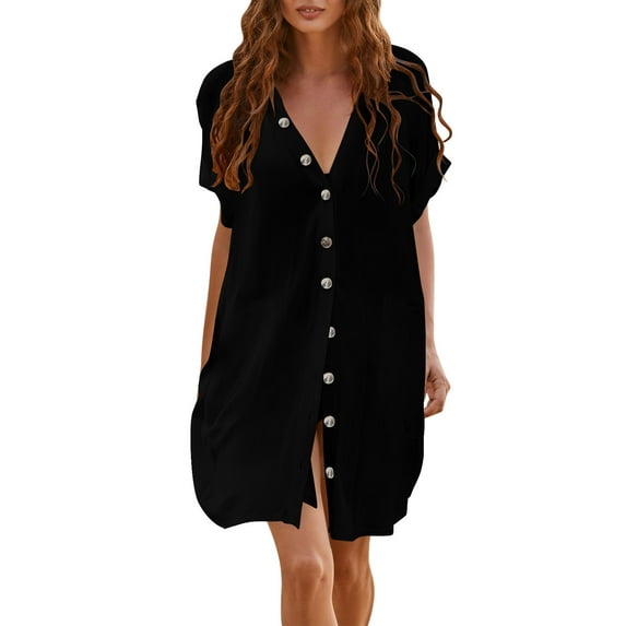 BSDJILFG Beach Cover Ups for Women Button Down Long Shirt Dress Bikini Tops Solid Color Flowy Beachwear Swimwear Clearance