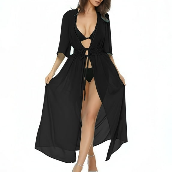 BSDJILFG Beach Cover Ups for Women Long Cardigan Plus Size Robe Summer Lace Breathable Tie Front Full Length Blouse ,S-4XL