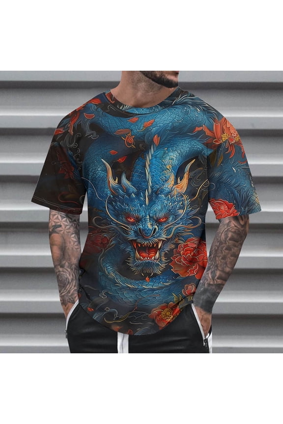 Big and Tall T-Shirts for Father's Day Men's Summer Casual Hunky Dragon Print Short Sleeve Basic Tees Round Neck Loose Fit Shirts S-6XL