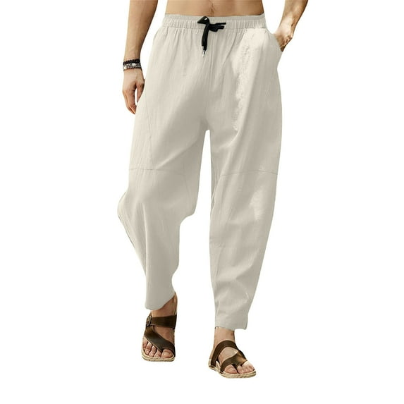 BSDJILFG Big and Tall Pants Cotton And Linen Casual Cropped Pants Solid Color Drawstring Lantern Leggings Long Pants Streetwear,M-5XL
