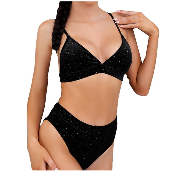 BSDJILFG Bikini Sets for Women 2 Piece Glitter Velvet Swimsuits Halter V-Neck Cheeky Bathing Suits for Holiday Party