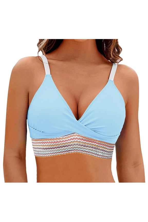 Bikini Tops for Women Push Up Bra Ruched Full Coverage Wire-Free Color Blocked Rhinestone Soft Cups Padded Slim Fit Swimsuit Top
