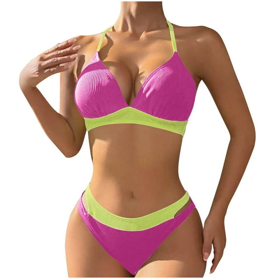 BSDJILFG Bikinis for Women 2 Piece Summer Swimsuits Y2K Halter Neck Color Blocked Push Up Bra Bikini Top and High Waisted Briefs
