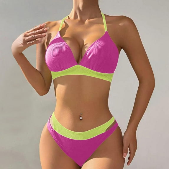 BSDJILFG Bikinis for Women 2 Piece Summer Swimsuits Y2K Halter Neck Color Blocked Push Up Bra Bikini Top and High Waisted Briefs