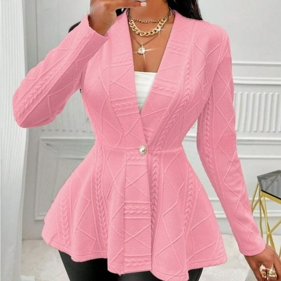 BSDJILFG Blazers for Curvy Women Textured Ribbed Knit Peplum Top Soft Comfy Long Sleeve V-Neck Ruffle Hem Jackets