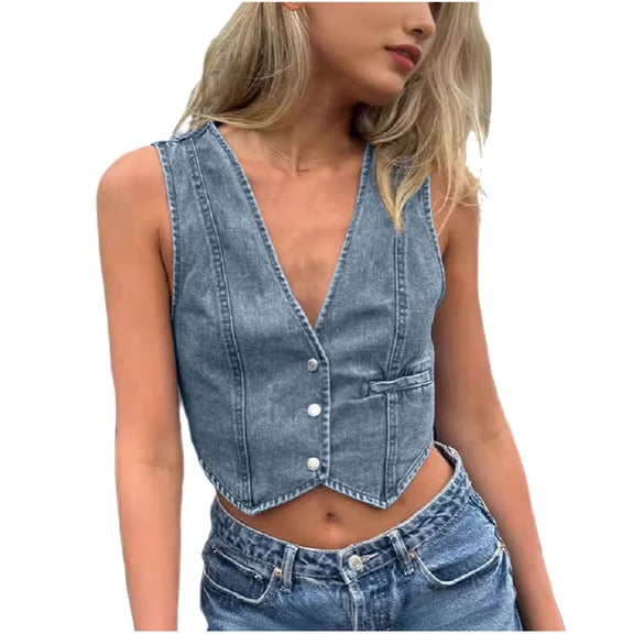 BSDJILFG Blue Jean Vests for Girls Y2K Tube Top Denim Vest Sleeveless V Neck Slim Fit Petites Girls Solid Color Tube Tops Faux Pockets Winter