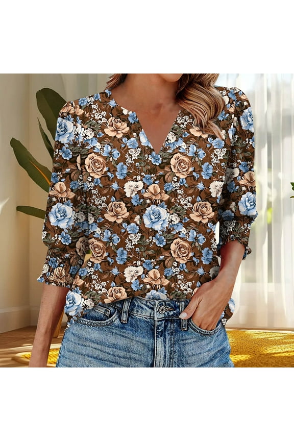 Boho Blouses for Women Summer Dressy 3/4 Sleeve Western Shirts Cowgirl V-Neck Smocked Cuff Tunic Tops