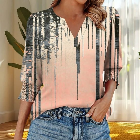 BSDJILFG Boho Tops for Women 3/4 Sleeve Dressy Tunic Blouse Loose Fit V-Neck Graphic Office Workwear with Smocked Cuff