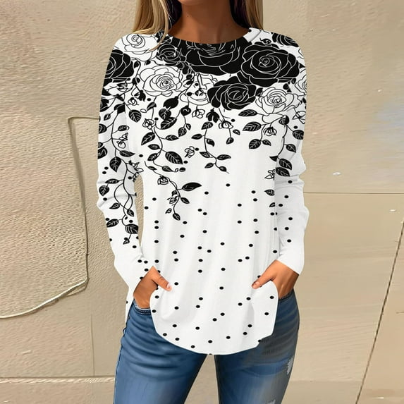 BSDJILFG Boho Tops for Women Plus Size Long Sleeve Casual T-Shirt Vintage Floral Print Black and White Tunic Blouse,Sizes S-5XL