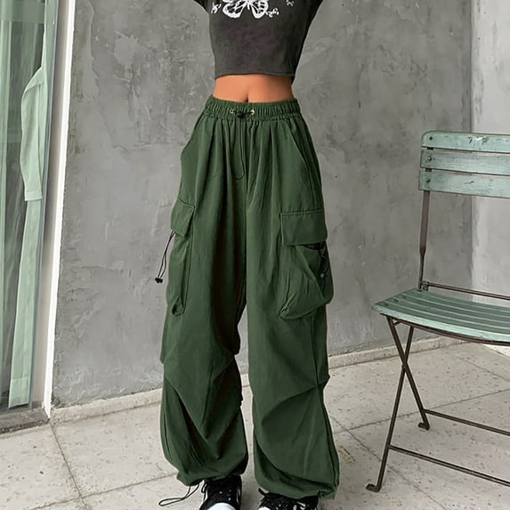 BSDJILFG Cargo Pants Women Vintage Hip-pop Elastic Waist Wide-Leg Baggy Long Pants
