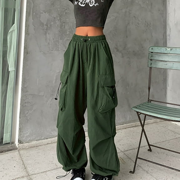 BSDJILFG Cargo Pants Women Vintage Hip-pop Elastic Waist Wide-Leg Baggy Long Pants